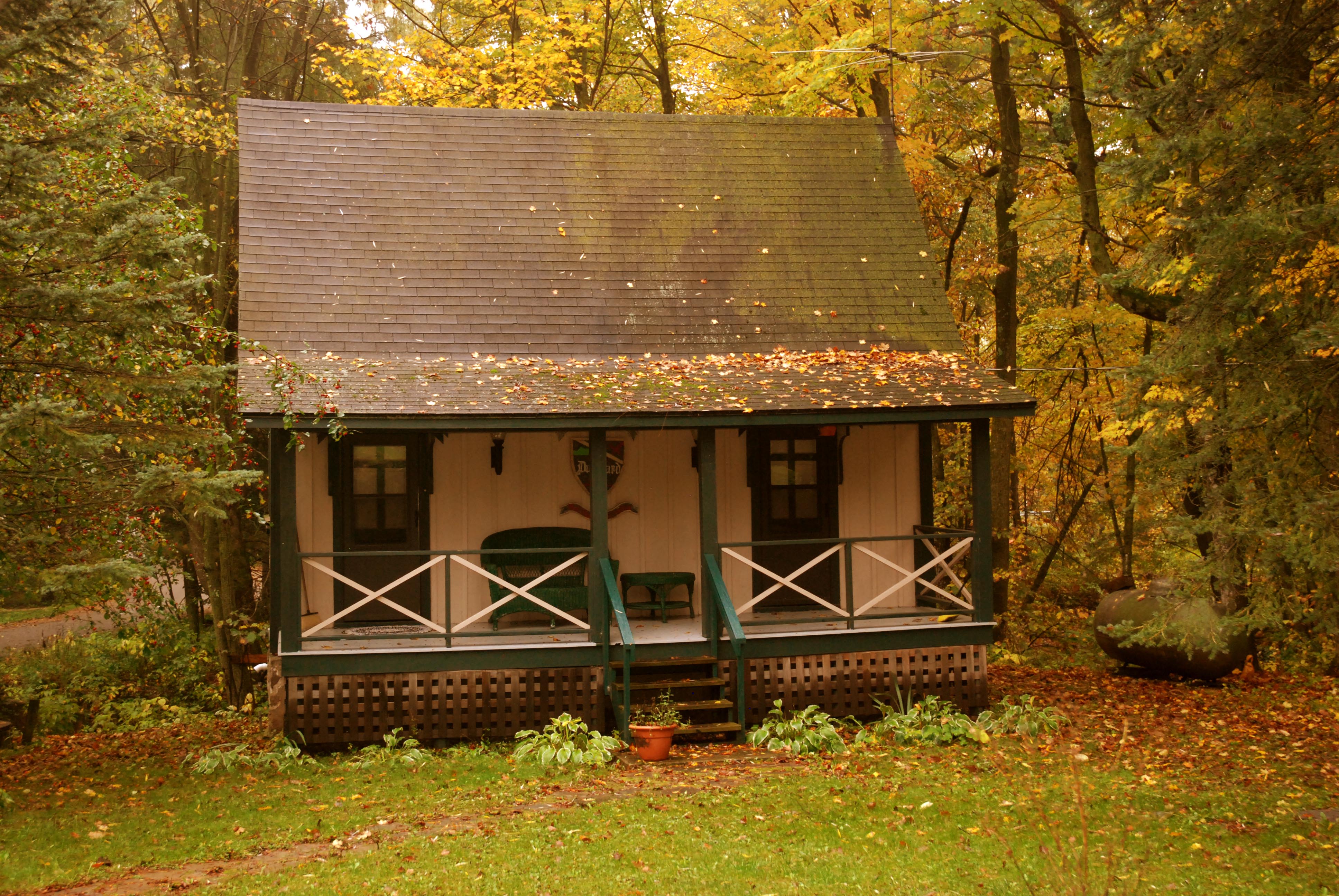 Artist's Cottage with autumn leaves on the porch roof